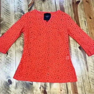 Talbots 2P Orange V-neck eyelet blouse, shirt with side split